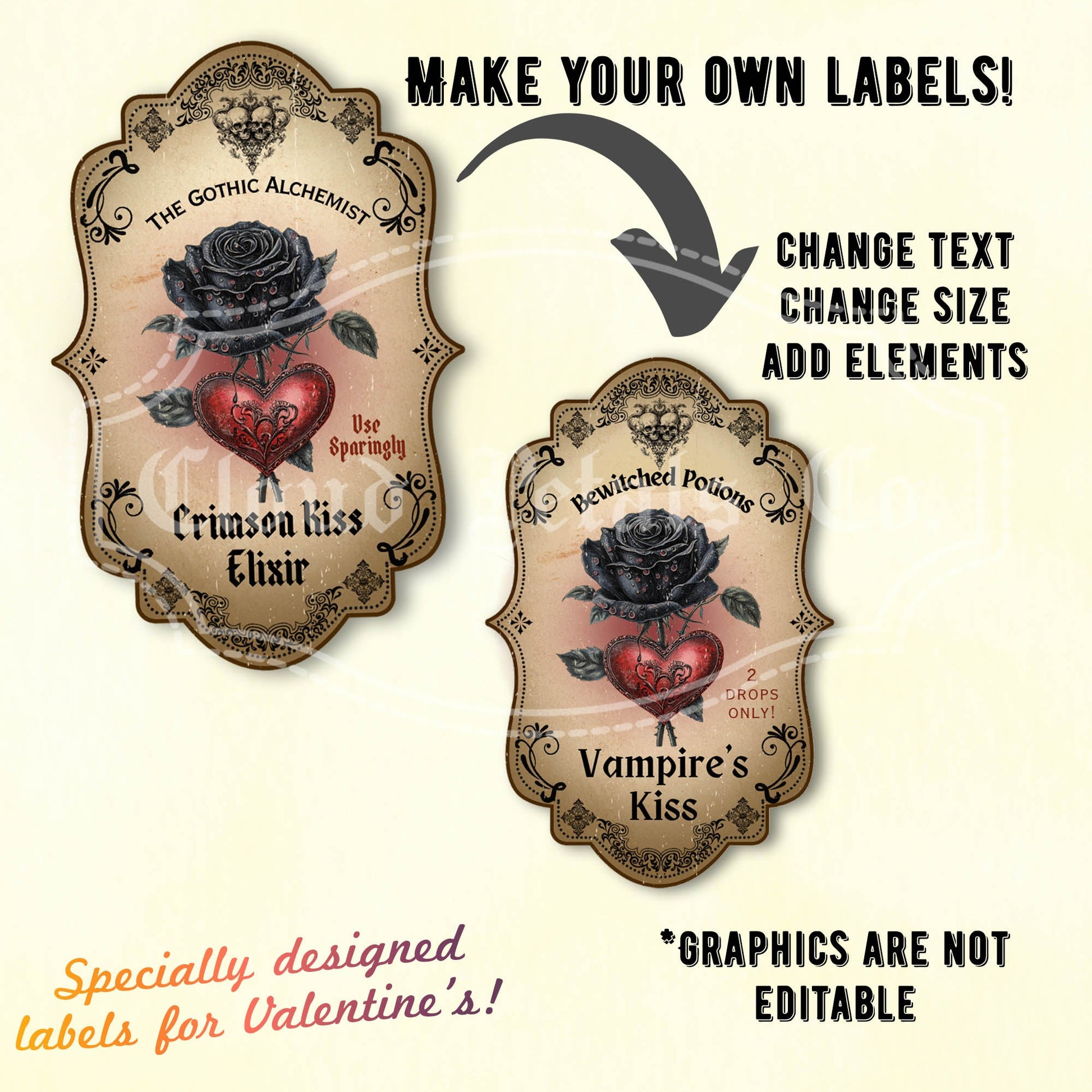 Vintage Gothic style Valentine's labels with text and roses on a beige background.