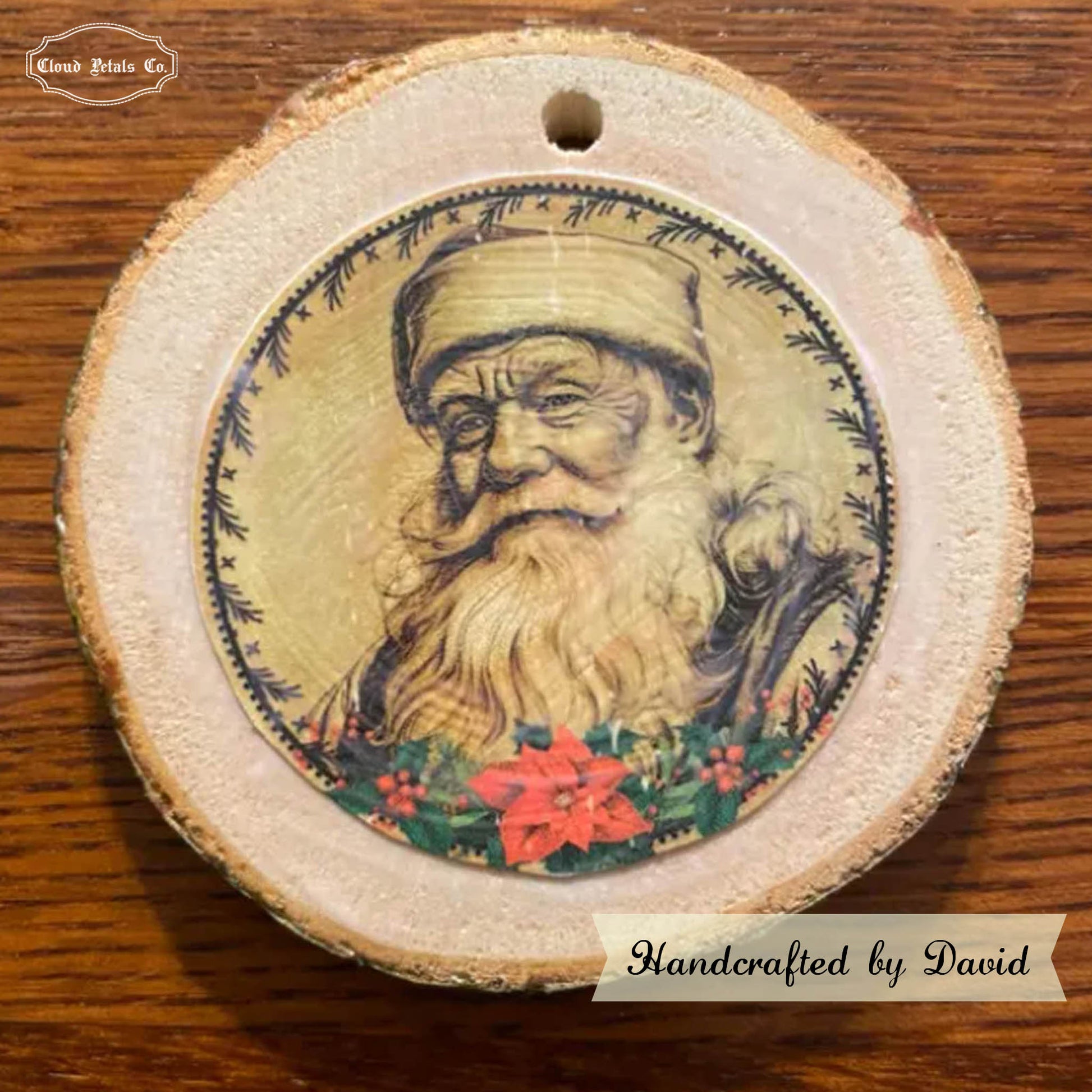 Santa round tag on round wood slice