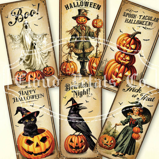 Set of Halloween-themed tags with various characters and text on old paper background.