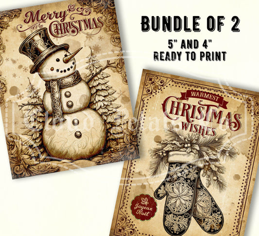 Two Christmas-themed greeting cards with a snowman and mittens on a beige background.