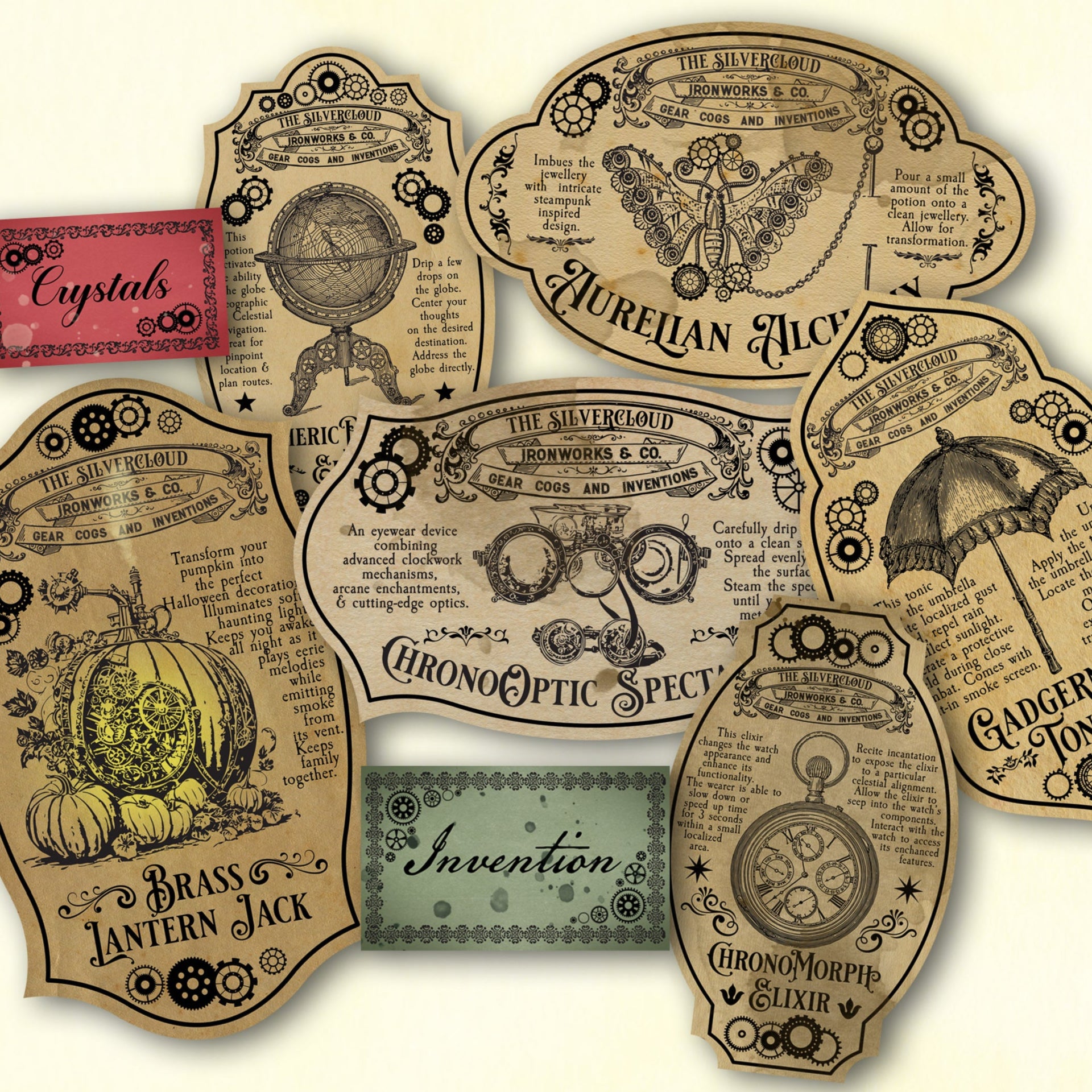 Vintage steampunk potion labels for Halloween with decorative text and graphics.