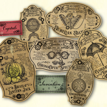Vintage steampunk potion labels for Halloween with decorative text and graphics.