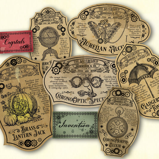 Vintage steampunk potion labels for Halloween with decorative text and graphics.