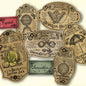 Vintage steampunk potion labels for Halloween with decorative text and graphics.
