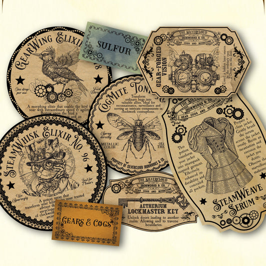 Vintage Steampunk Halloween Potion Labels – Printable Gothic Tags with Cat, Goggles, Key, Bird & Beetle