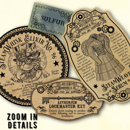 Vintage steampunk potion labels for Halloween on a beige background with decorative text.