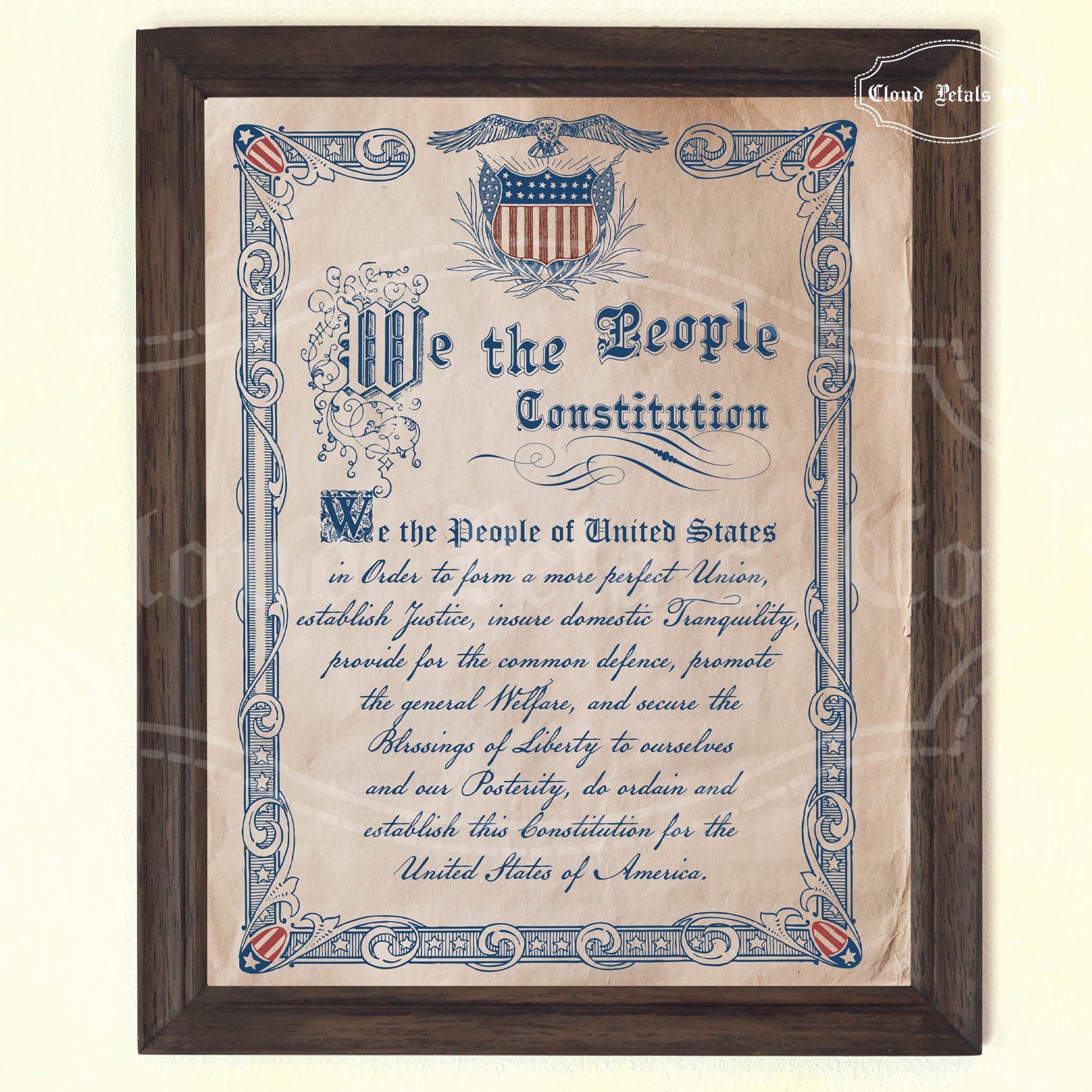 Framed copy of the U.S. Constitution with decorative elements