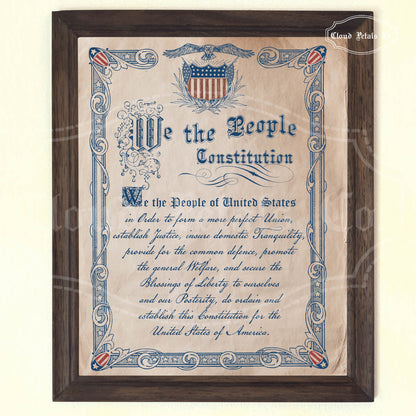 Framed copy of the U.S. Constitution with decorative elements