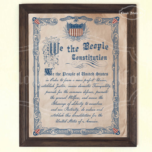 Framed copy of the U.S. Constitution with decorative elements