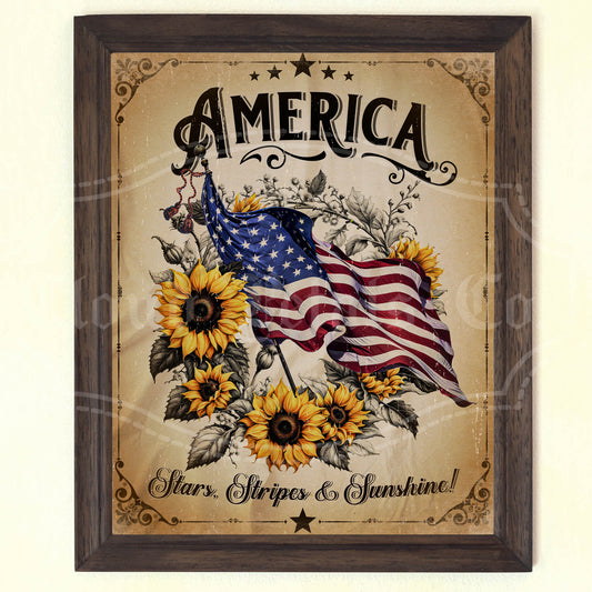 Decorative poster with American flag and sunflowers on a beige background