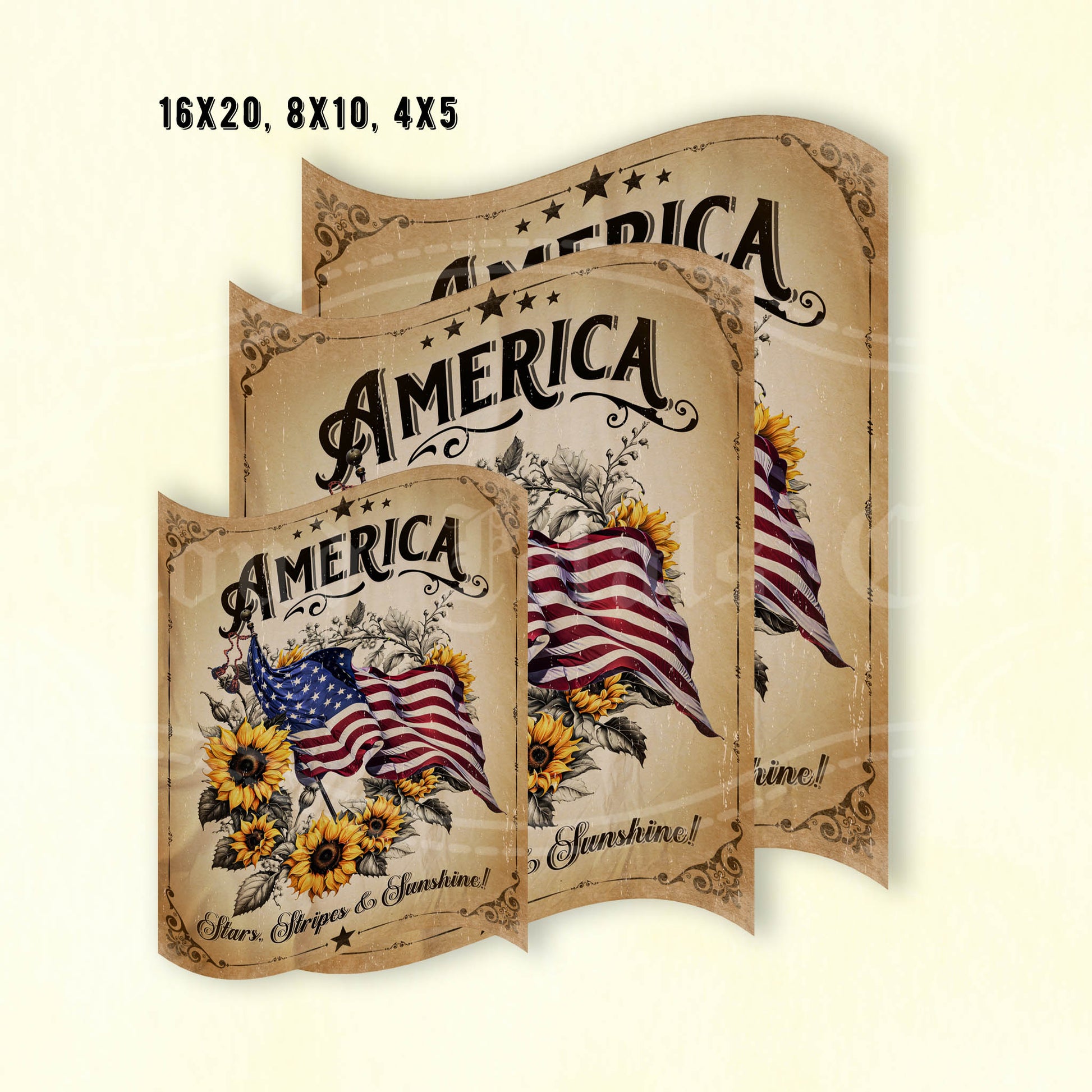 Decorative paper with 'America' text and American flag design on a beige background