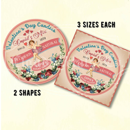 Vintage-style Valentine's Cupid Mix labels on a beige background with decorative elements.