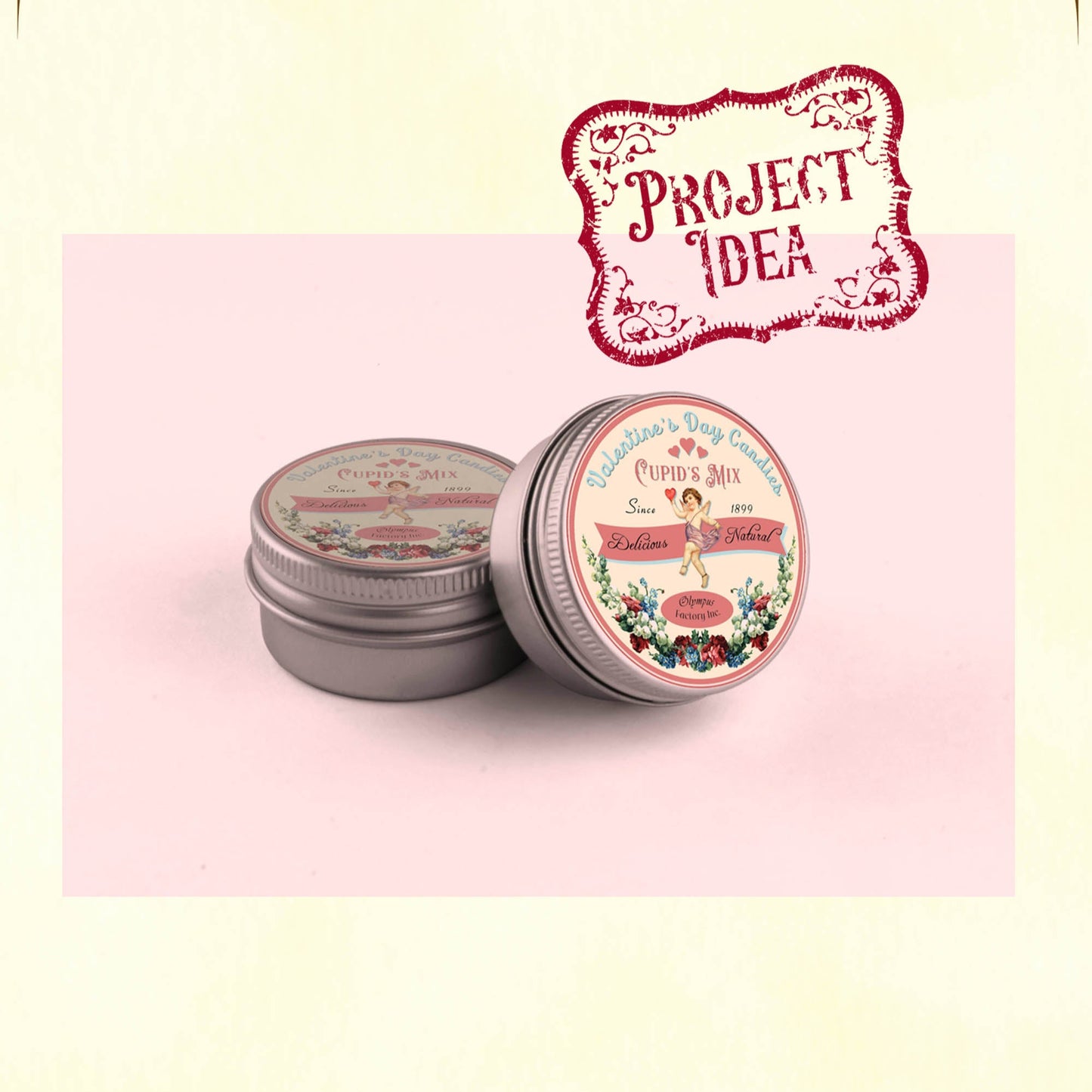 Two tins with decorative labels on a pink background, featuring 'Project Idea' branding.
