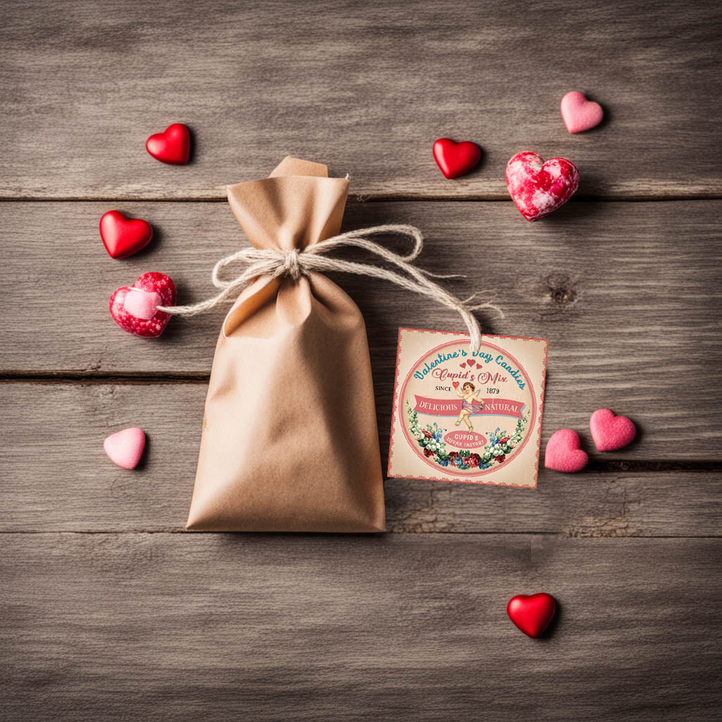 Brown paper bag tied with twine on a wooden surface with heart-shaped candies around