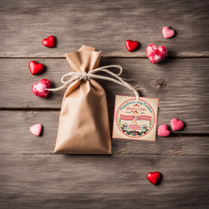 Brown paper bag tied with twine on a wooden surface with heart-shaped candies around