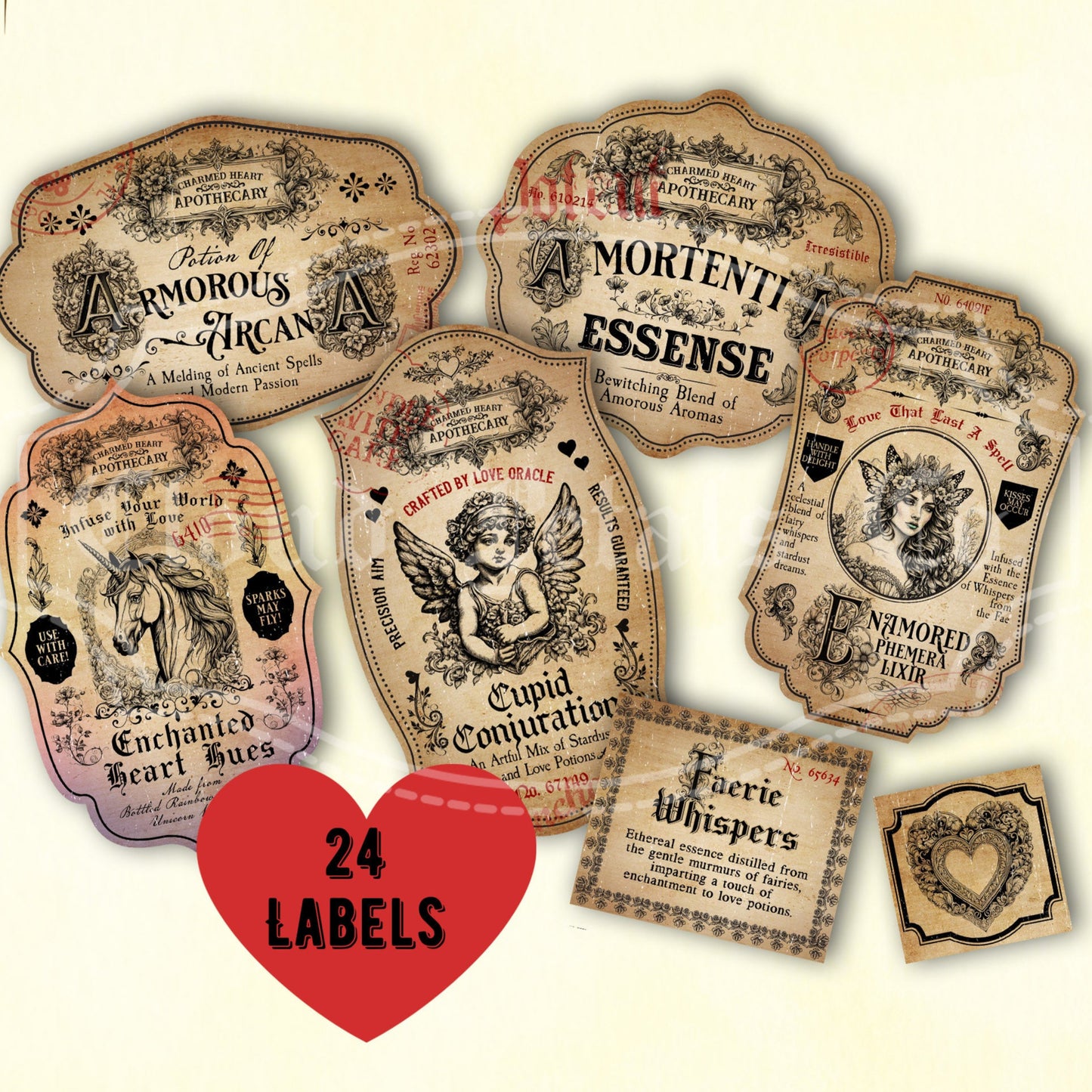 Vintage-style love potion labels with a red heart and text on a beige background.