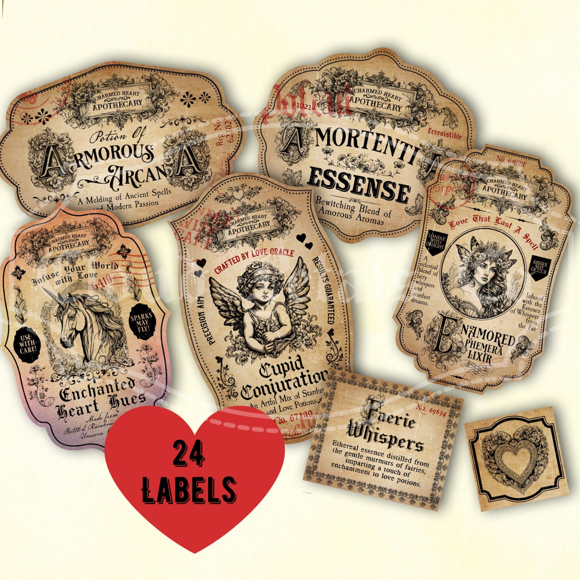 Vintage-style love potion labels with a red heart and text on a beige background.
