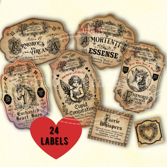 Vintage-style love potion labels with a red heart and text on a beige background.
