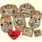 Vintage-style love potion labels with a red heart and text on a beige background.