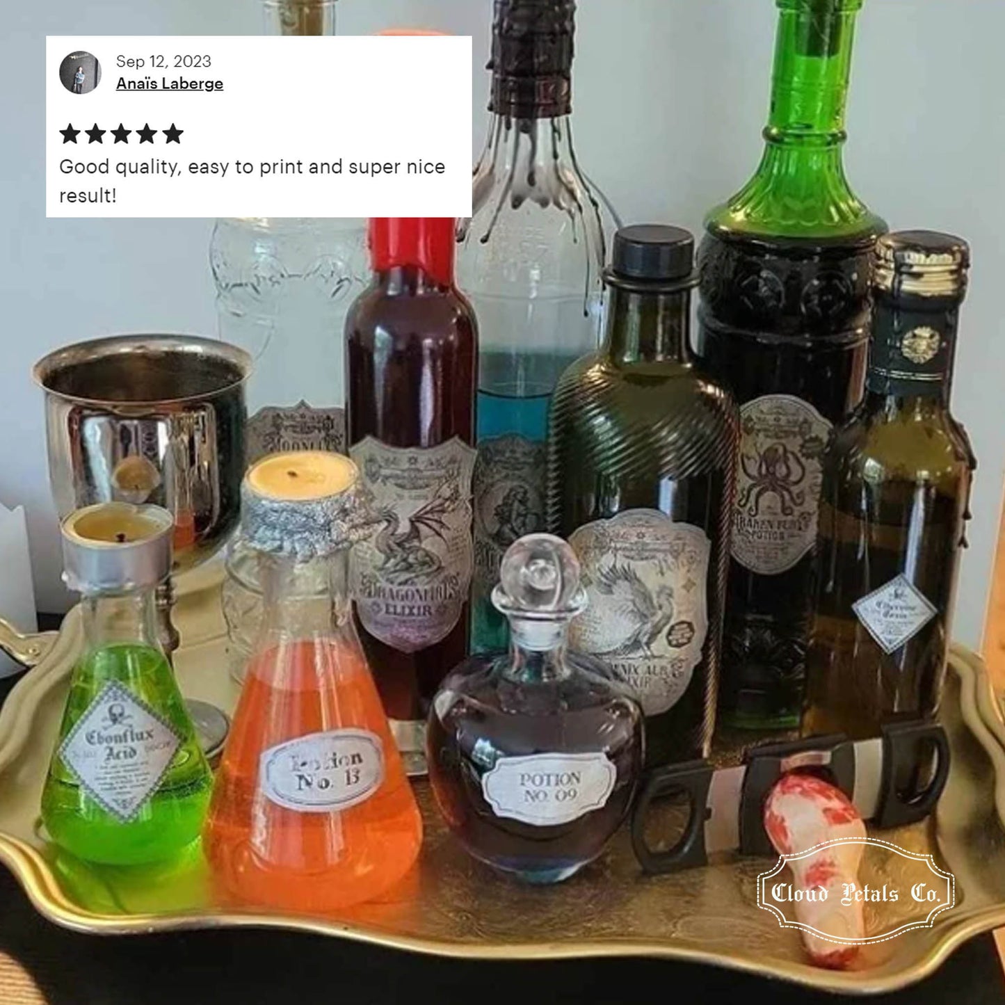 Variety of potion labels on glass bottles reivew