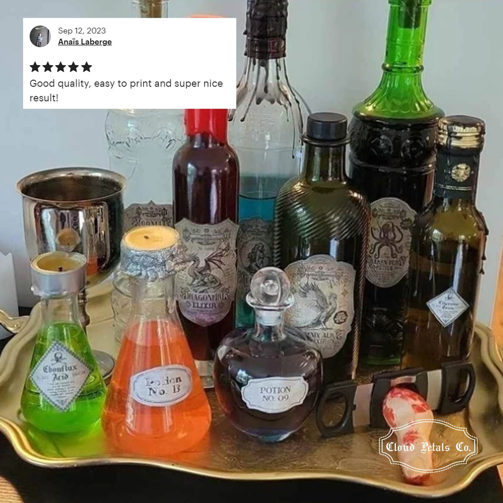 Variety of potion labels on glass bottles reivew