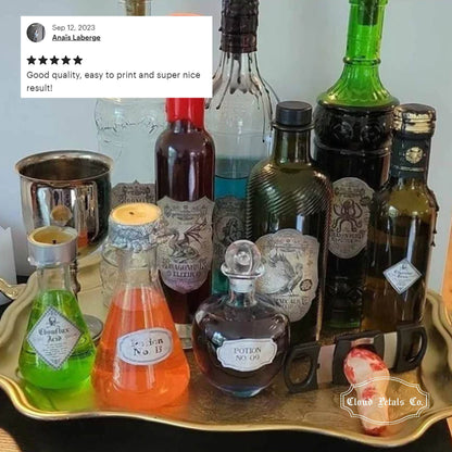Variety of potion labels on glass bottles reivew