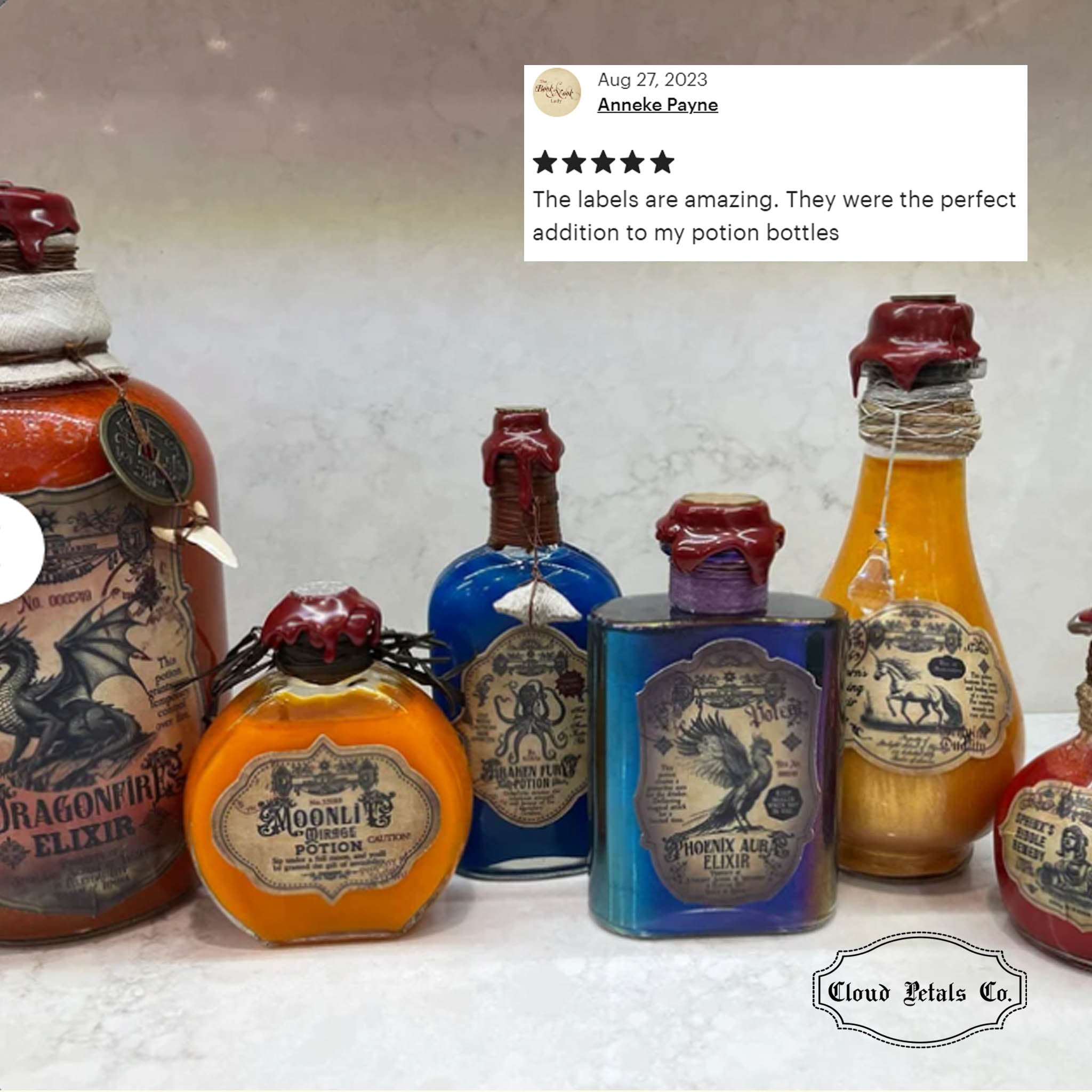 Variety of potion labels on glass jar reivew