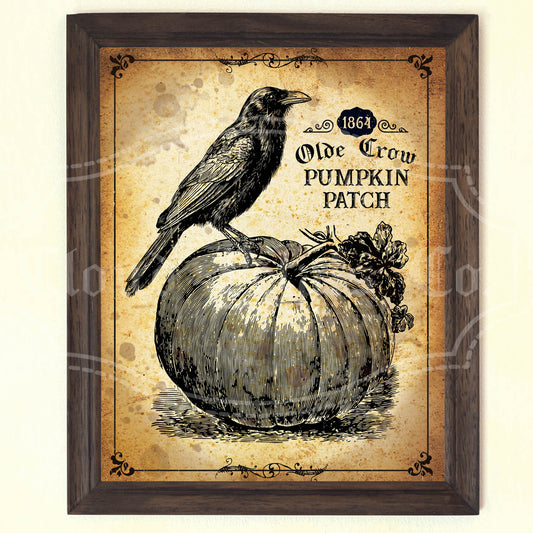 Vintage-style print with a crow on a pumpkin and 'Olde Crow Pumpkin Patch' text.