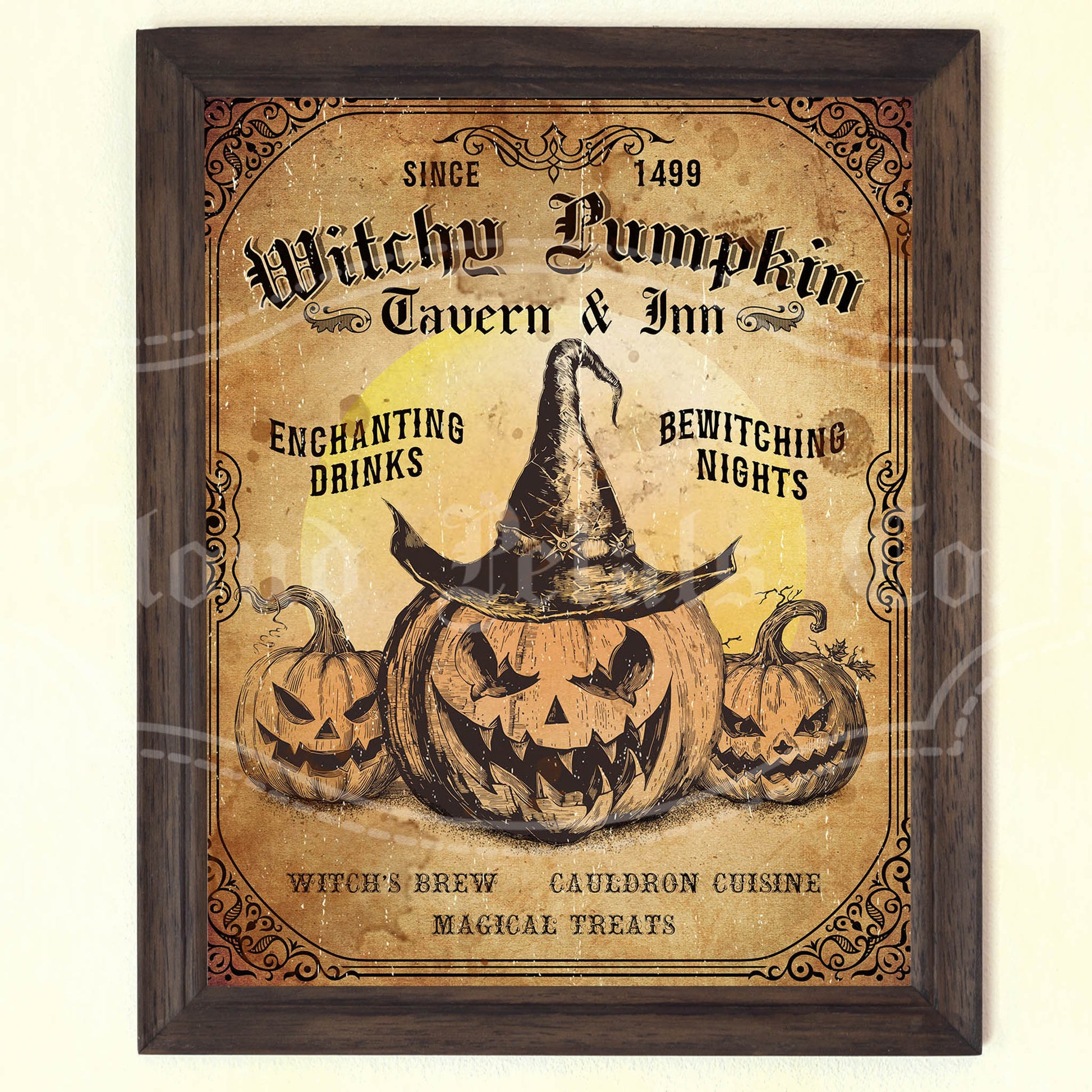 Vintage-style sign for Witchy Pumpkin Tavern & Inn with pumpkins and a witch's hat.