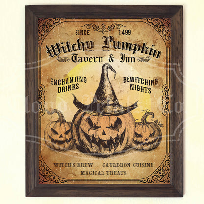 Vintage-style sign for Witchy Pumpkin Tavern & Inn with pumpkins and a witch's hat.