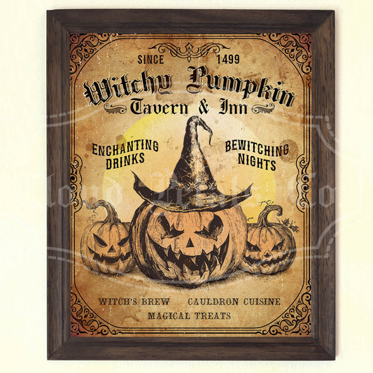 Vintage-style sign for Witchy Pumpkin Tavern & Inn with pumpkins and a witch's hat.