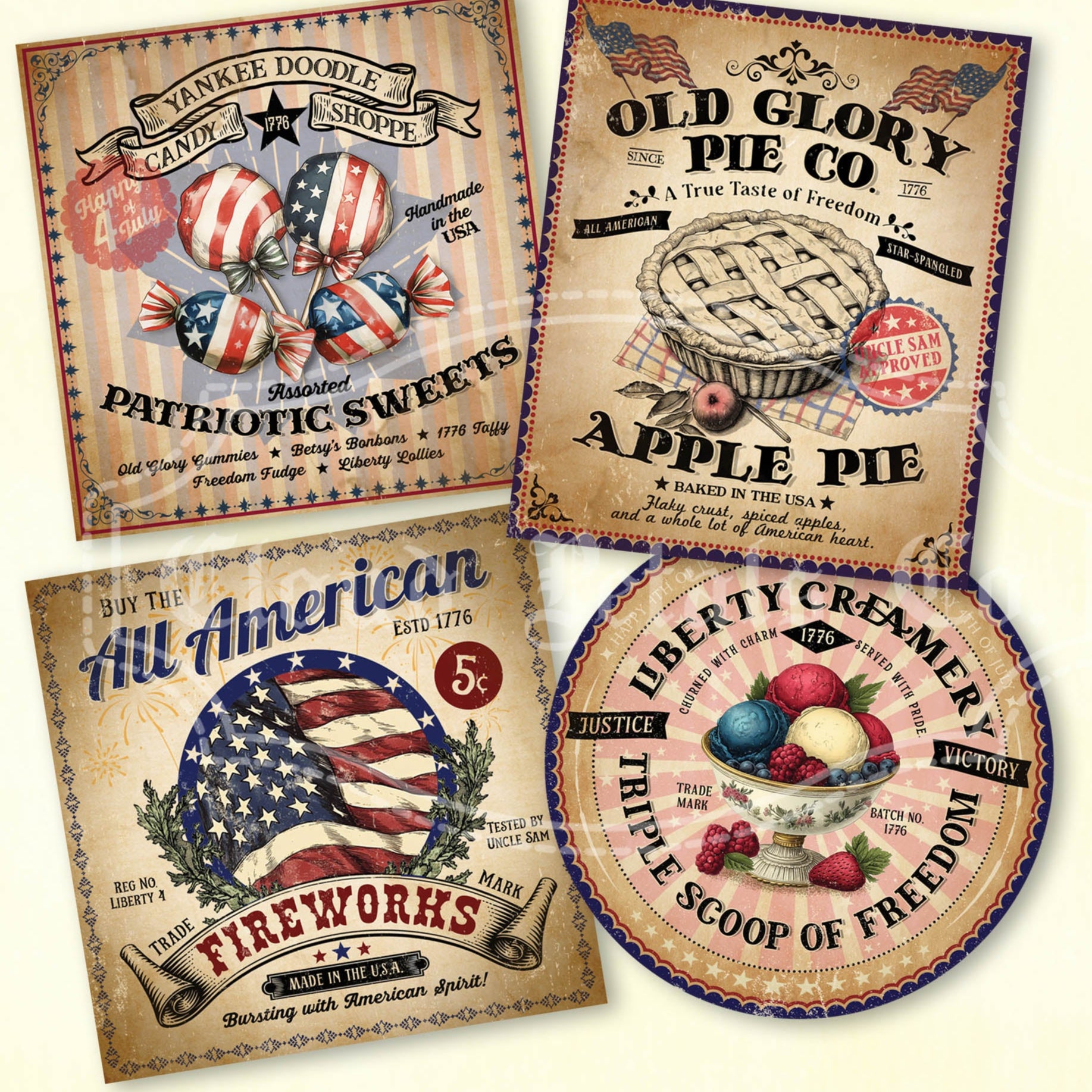 A set of four vintage style 4th of July baking labels with various designs including a cake, an apple pie, and a ice cream cone with patriotic themes.