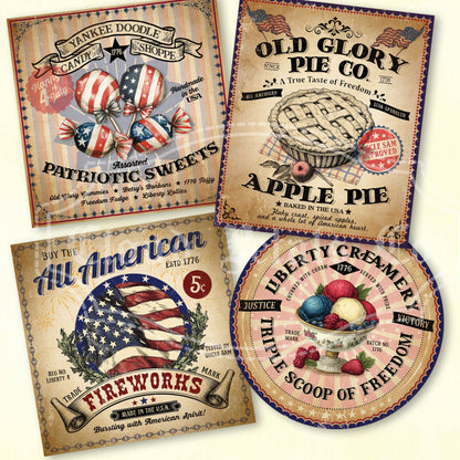 A set of four vintage style 4th of July baking labels with various designs including a cake, an apple pie, and a ice cream cone with patriotic themes.