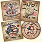 A set of four vintage style 4th of July baking labels with various designs including a cake, an apple pie, and a ice cream cone with patriotic themes.
