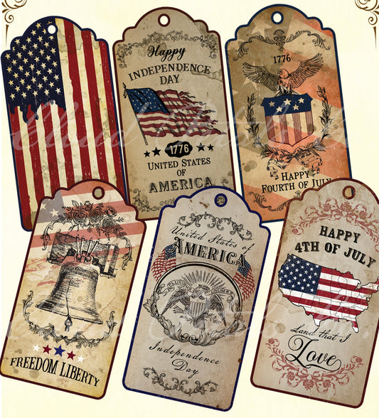 A collection of vintage style 4th of July tags with various designs including the American flag, eagle, and freedom-related imagery.