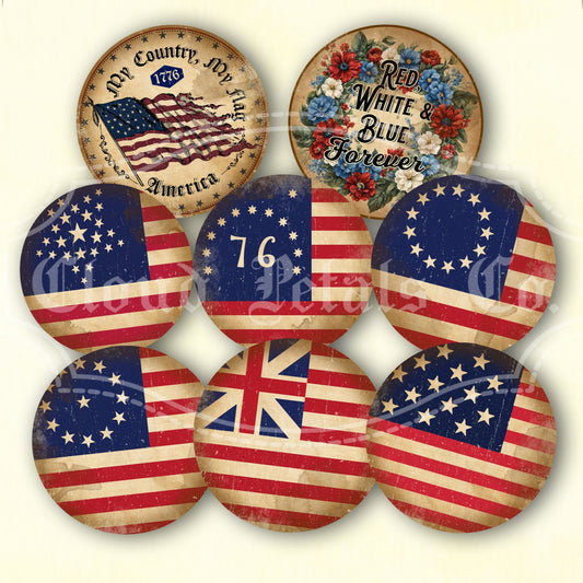 Vintage-style 4th of July round tags with American flags and floral designs on a beige background.
