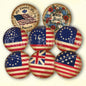 Vintage-style 4th of July round tags with American flags and floral designs on a beige background.