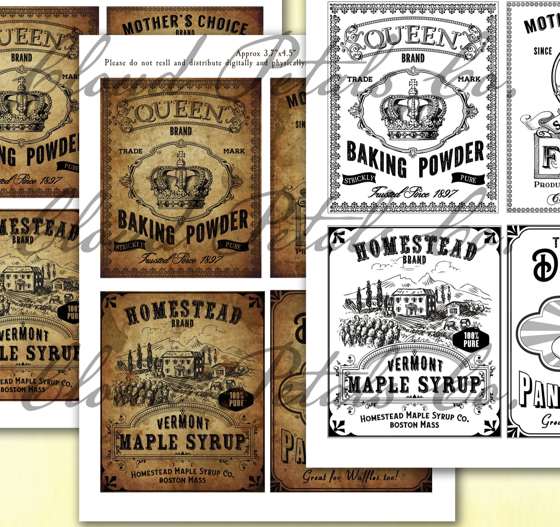 Vintage-style pantry labels with different products on a white background.