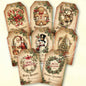 Vintage-style Christmas gift tags with different designs on a beige background.