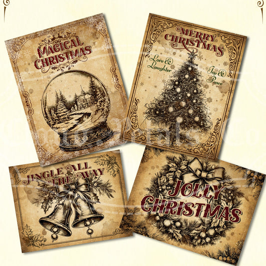 Vintage-style Christmas labels with decorative text and graphics on a beige background.