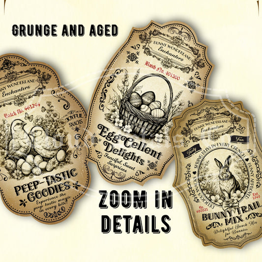 Vintage-style Easter labels for jars with decorative text and graphics on a beige background.