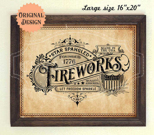 A vintage style 4th of July fireworks sign with patriotic colors and text, designed for printing and crafting, displayed in a large wooden frame.