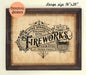 A vintage style 4th of July fireworks sign with patriotic colors and text, designed for printing and crafting, displayed in a large wooden frame.