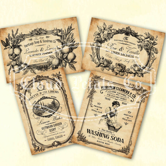 Vintage-style laundry labels with decorative designs on a beige background