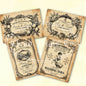 Vintage-style laundry labels with decorative designs on a beige background