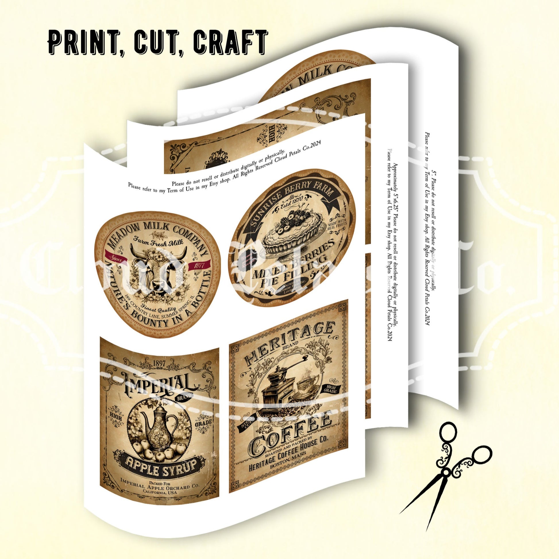 Vintage style pantry labels packaging with scissors on a beige background