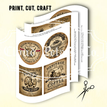 Vintage style pantry labels packaging with scissors on a beige background