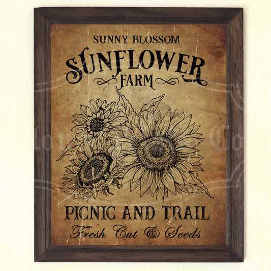 Framed sign with sunflower design and text on a beige background