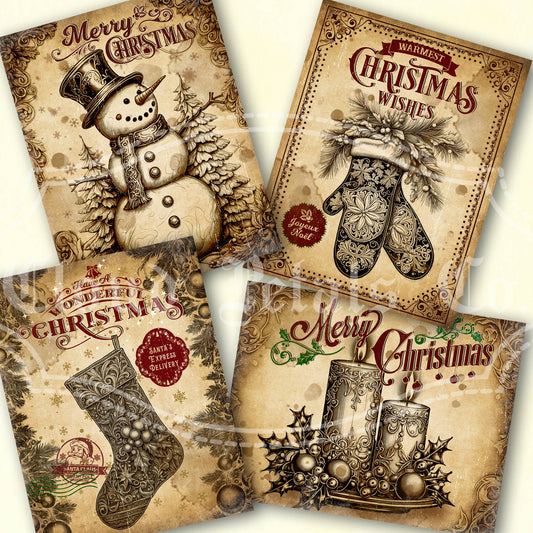A set of four vintage style Christmas labels featuring different designs including a snowman, a stocking, a Christmas tree, and text-based designs on a rustic background.