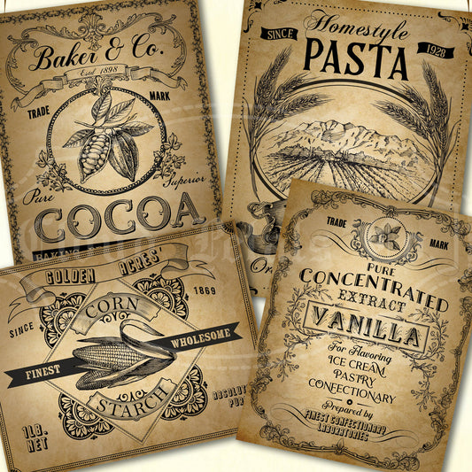Vintage kitchen labels printable set for cocoa, pasta, starch and vanilla